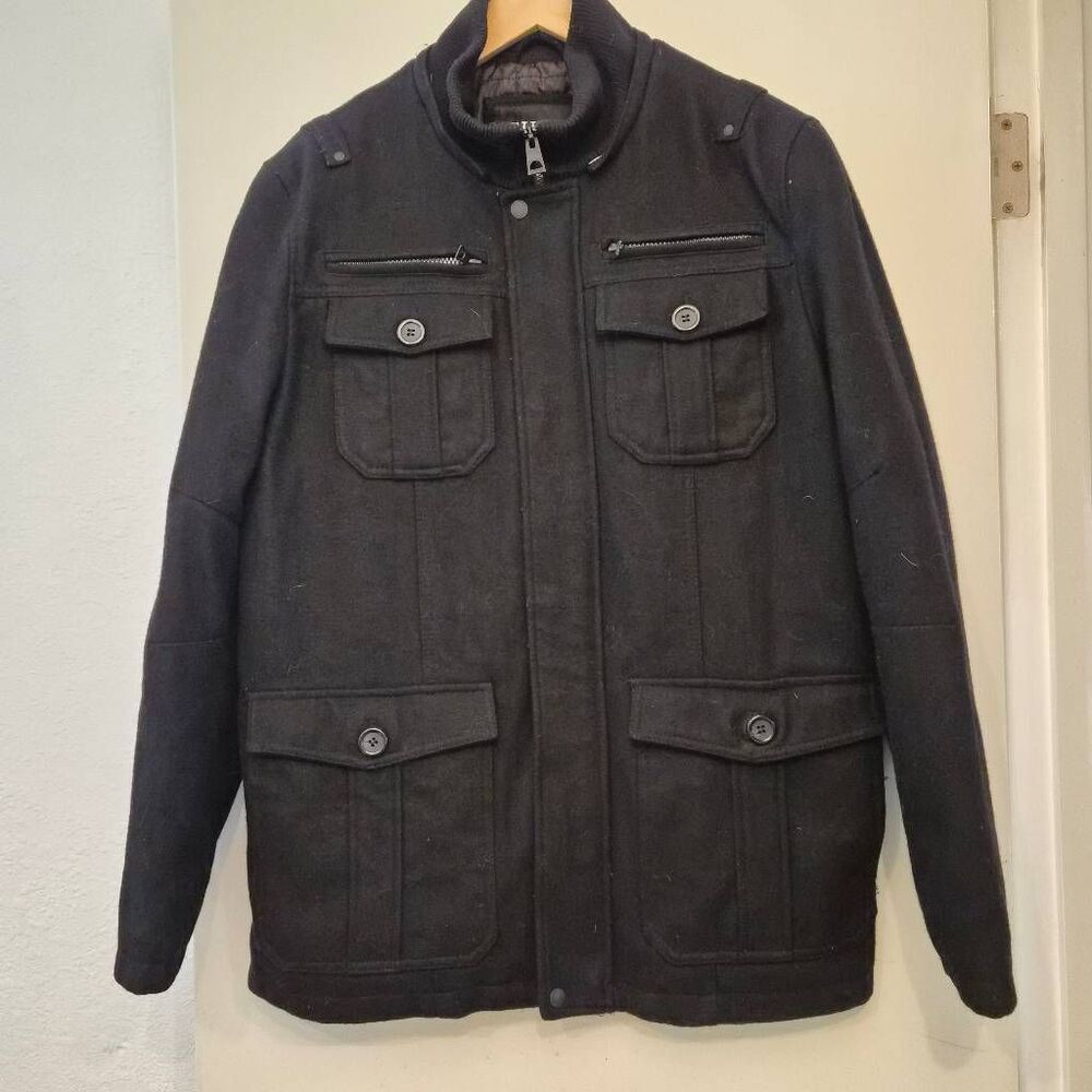 GUESS Men's Wool Blend Military Jacket w/ Quilted Lining: Thick Warm Heavy-duty